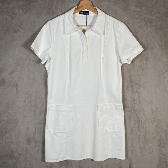 ZARA White Denim Mini Polo Dress M Preppy Minimalist Clean Girl Collared Pockets - Picture 3 of 16